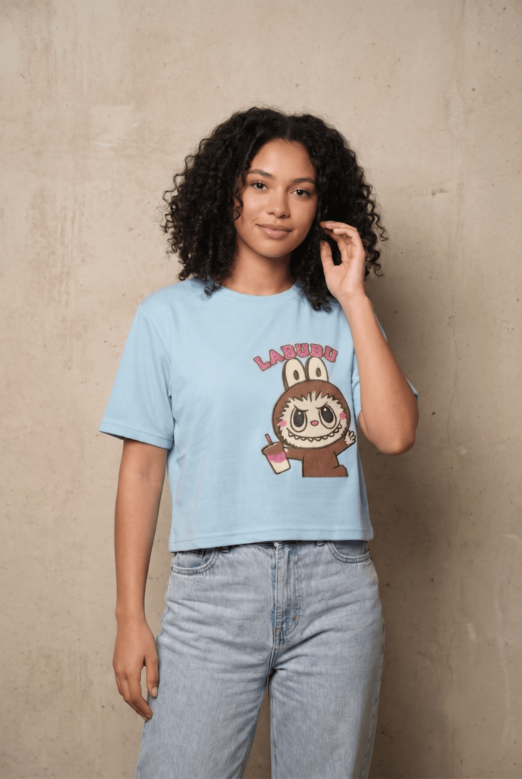 Sky Blue Labubu Graphic Boxy Crop Tee view 1
